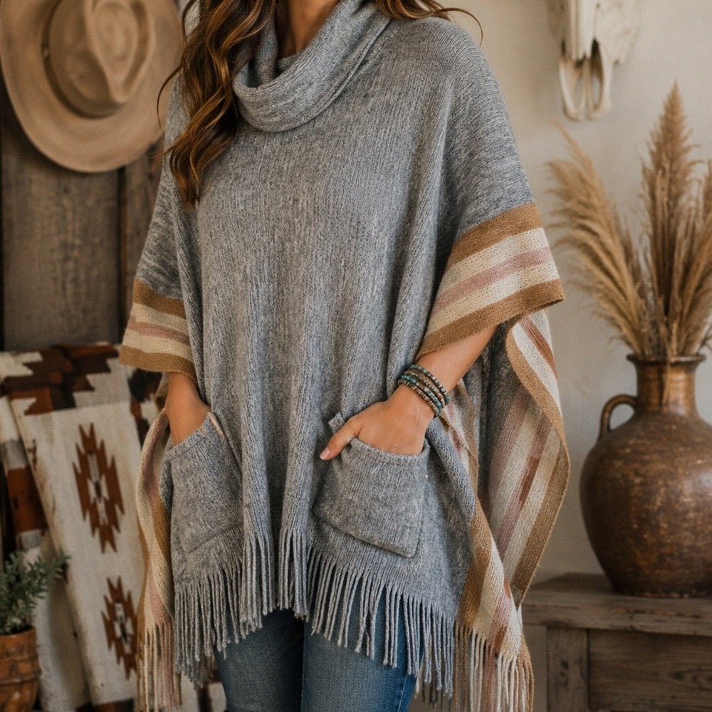 Steve Madden Fringe Poncho Sweater One Size Western Neutral Boho Cozycore‎ Wrap